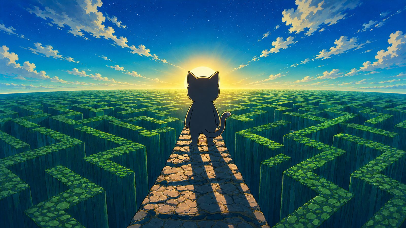 Kato the cat standing at the entrance of a green maze at sunrise