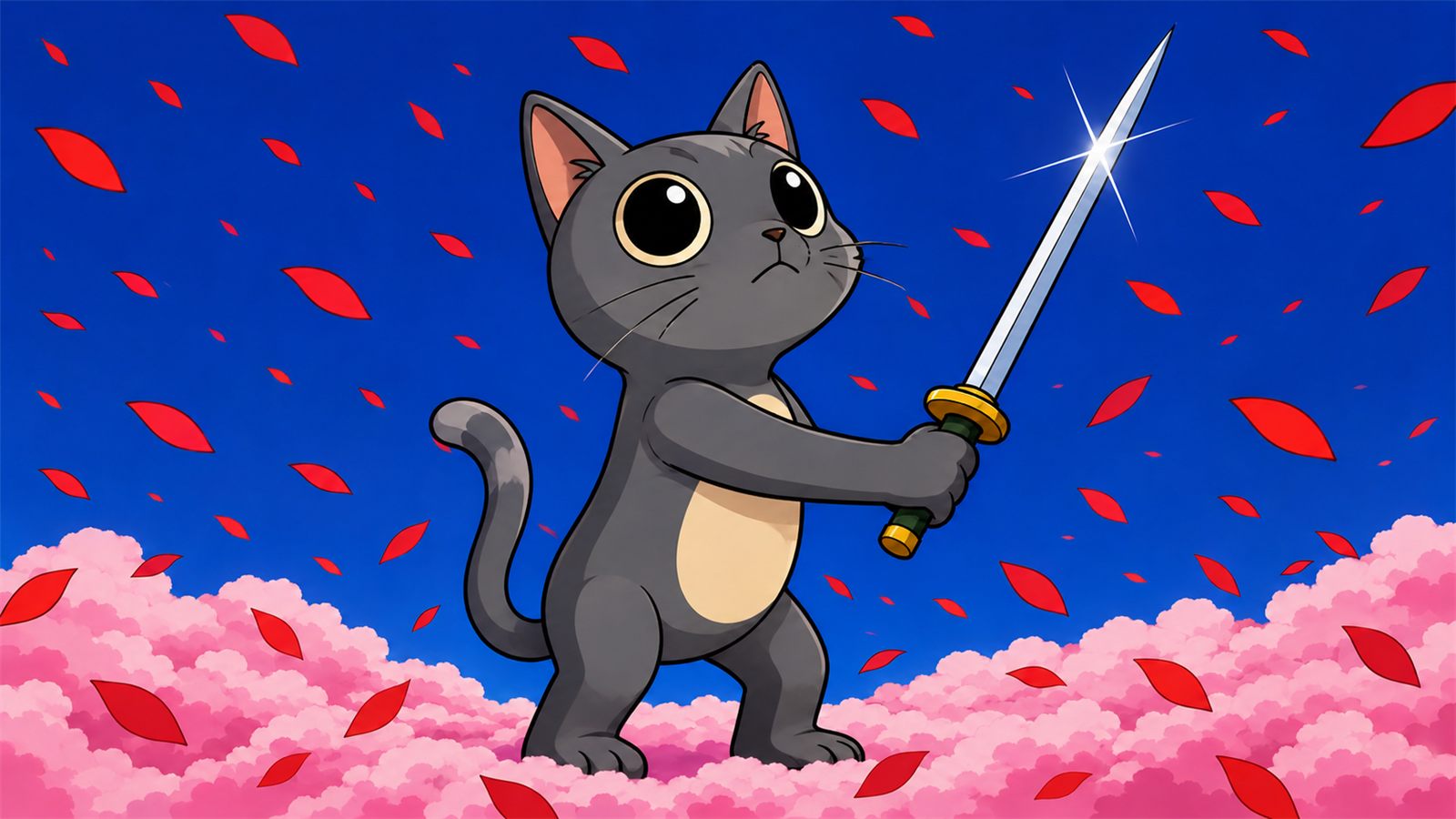 Kato holding a katana under falling cherry blossoms